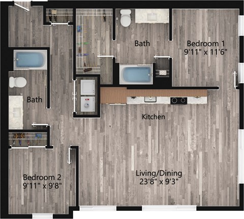 Floor plan for 2 beds, 2 baths, 1091 sqft